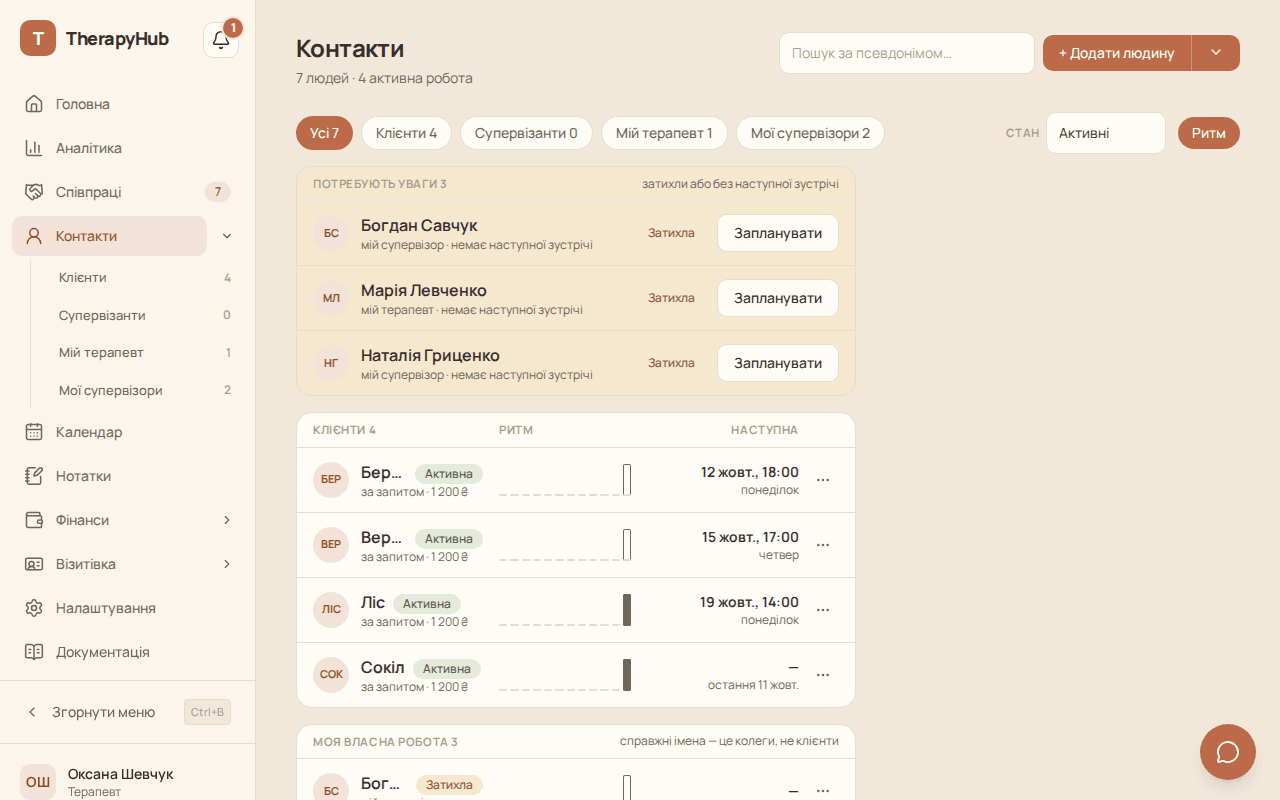 Сторінка «Контакти» зі списком людей і фільтрами в сайдбарі