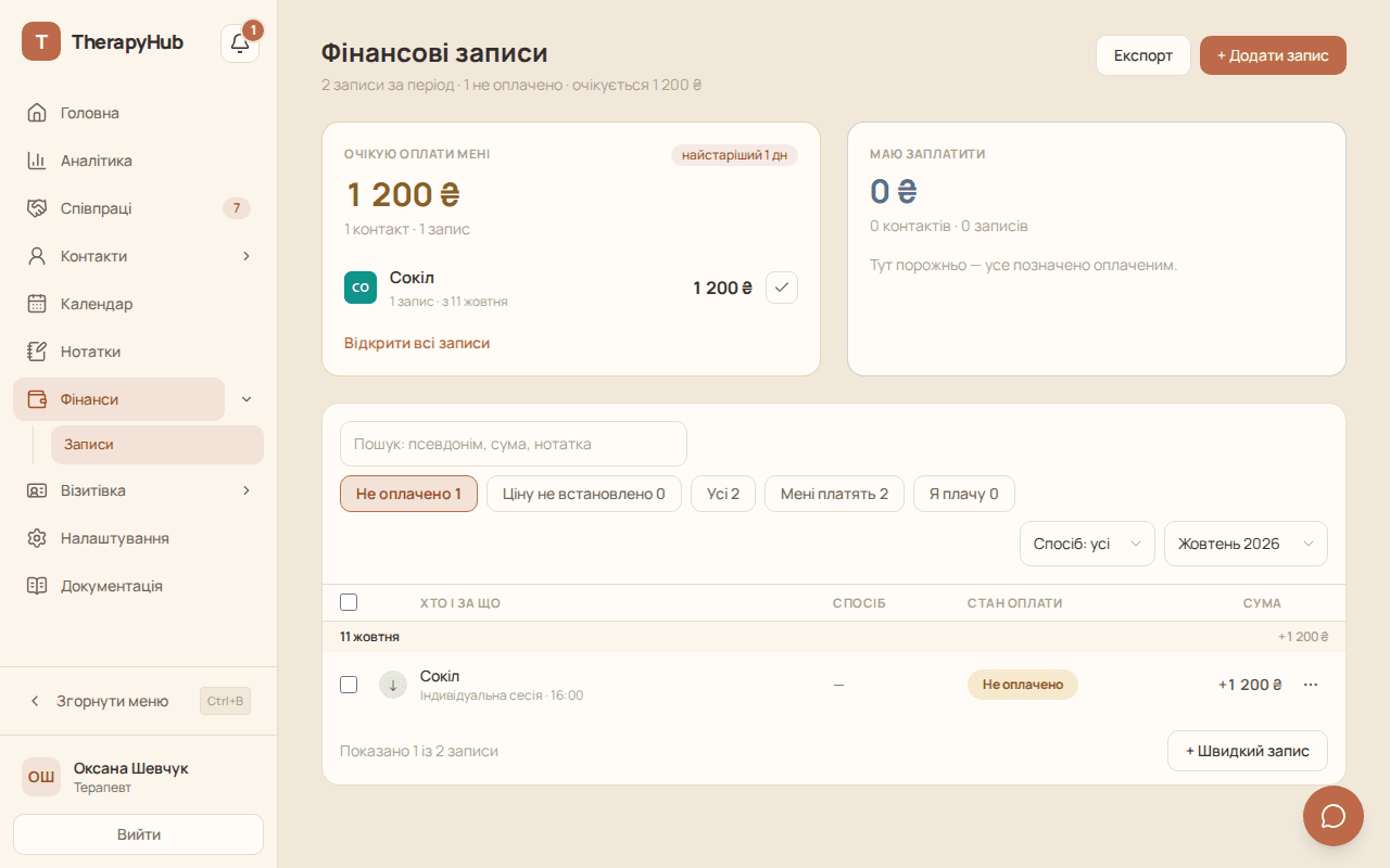 Фінансові записи з неоплаченою зустріччю клієнта